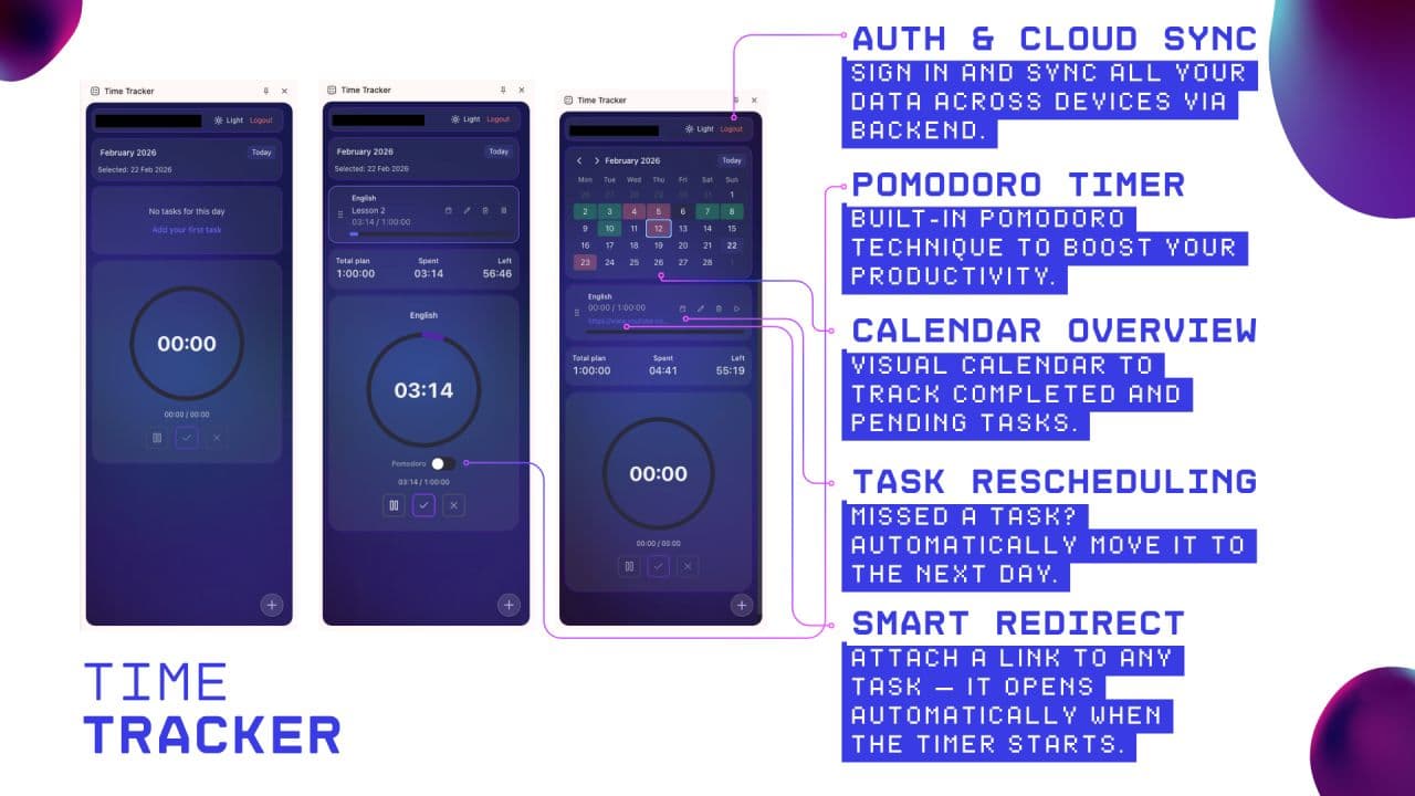 Time Tracker — app screenshots showing Pomodoro timer, calendar overview, and key features