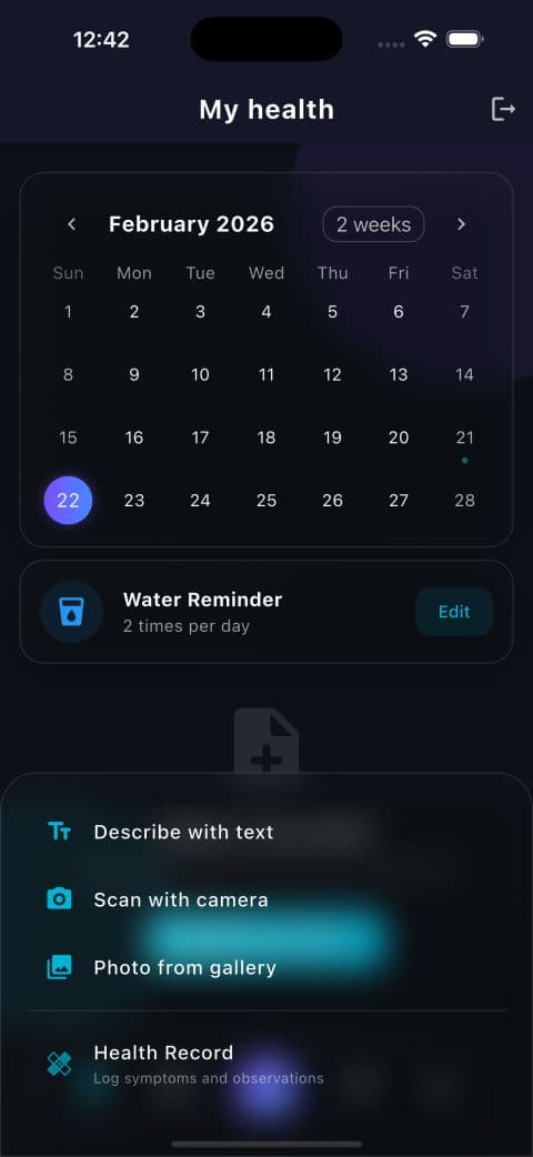 Food analysis options — text, camera, gallery, and health record