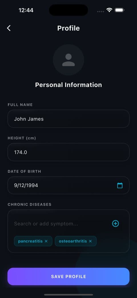Profile setup — personal information and chronic diseases