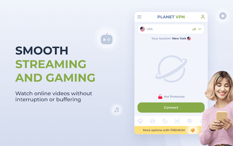 Planet VPN Chrome extension popup — connect to a free VPN server in one click