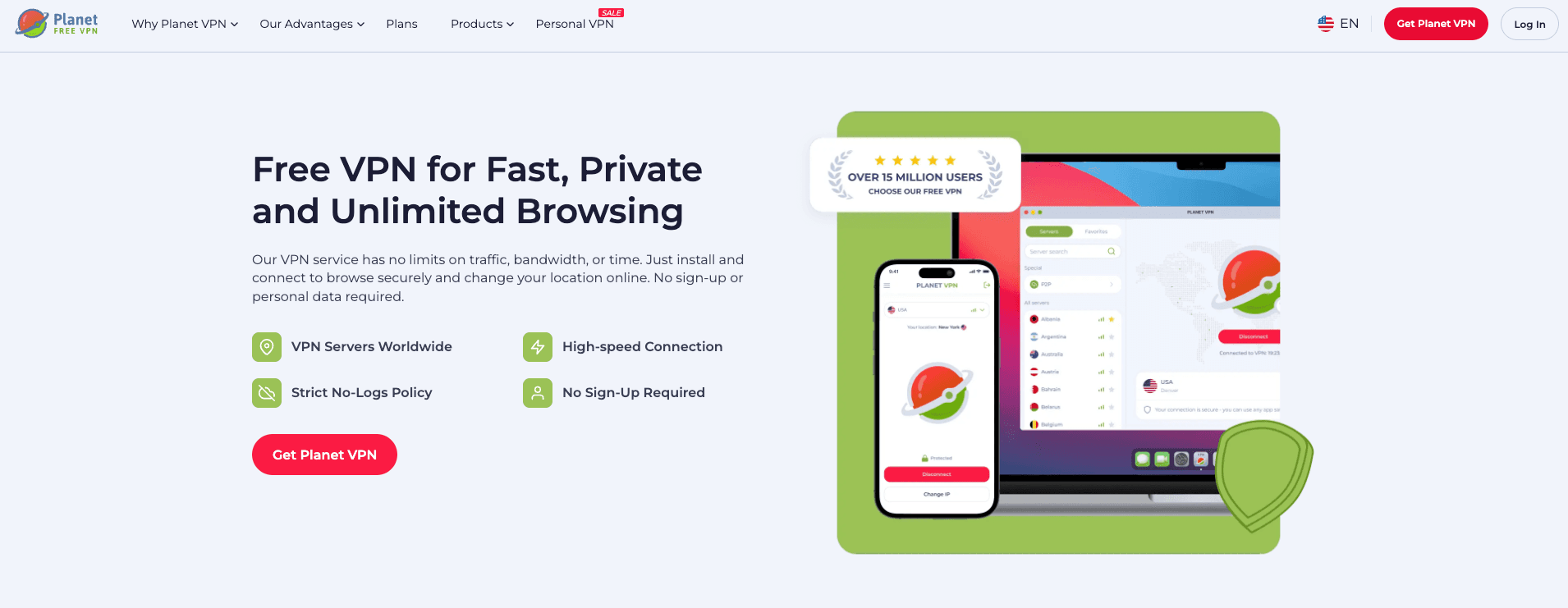 Planet VPN marketing site — free VPN with 1260+ servers across 60+ countries