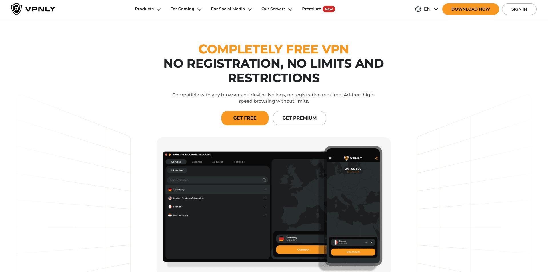 VPNly marketing site — free VPN with no registration, speed and traffic limits